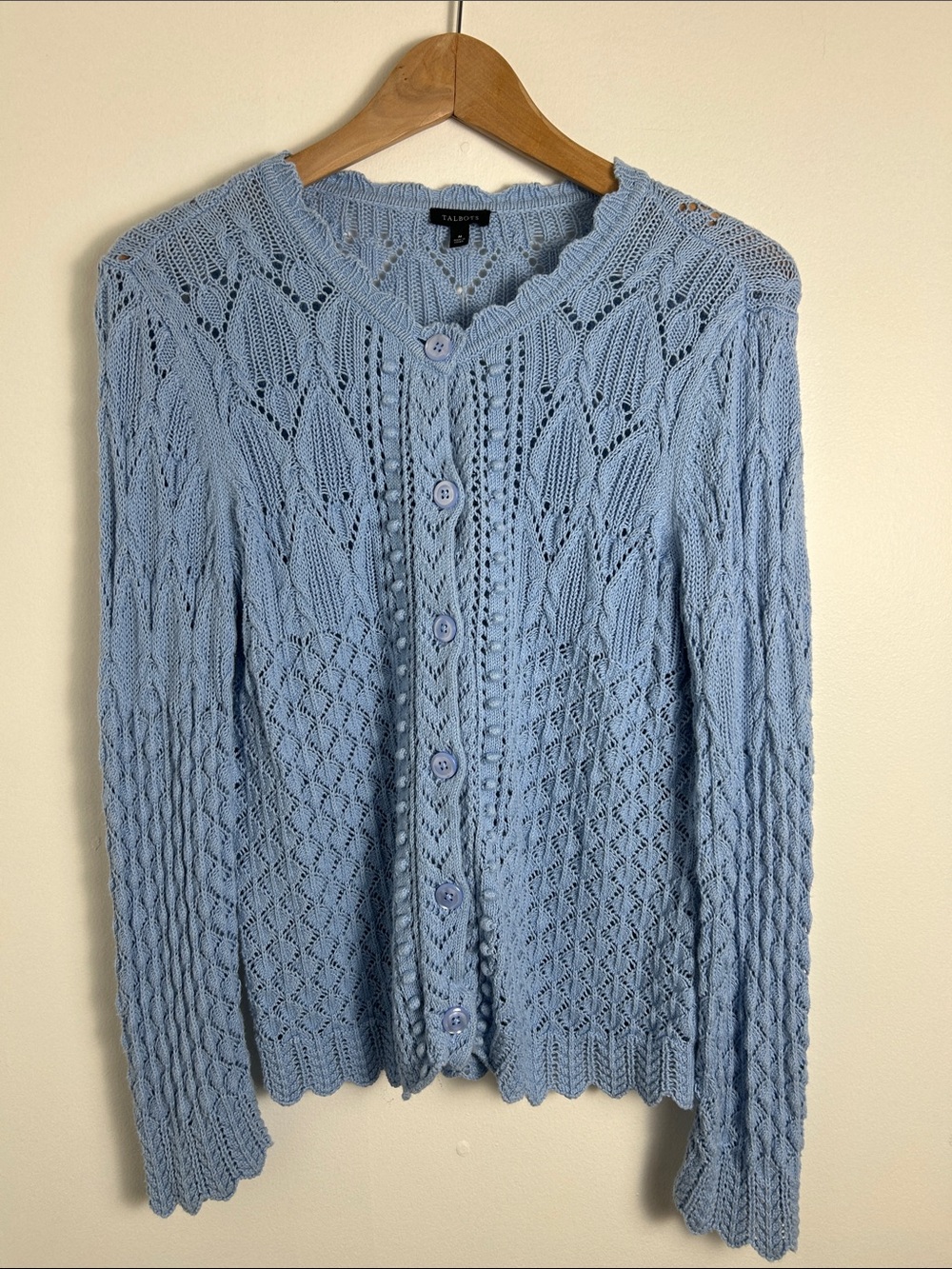 Talbots Pointelle Knit Cardigan Sweater Blue Button Front Cotton Blend Medium